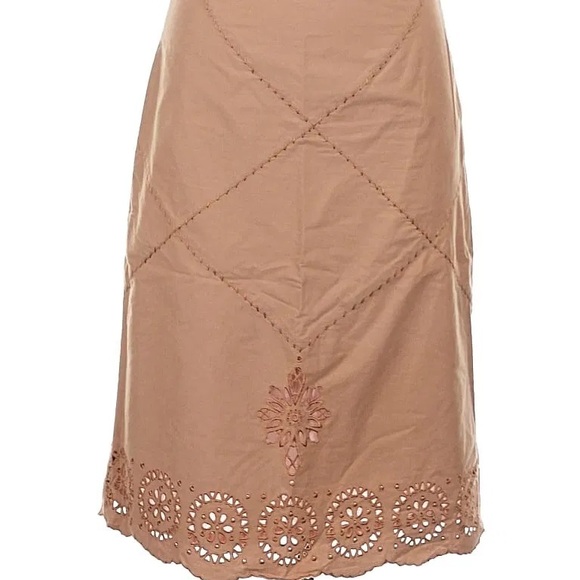 Vintage Odille Skirt: Tan and Pink Midi with Cutouts and Embroidery - Picture 2 of 9